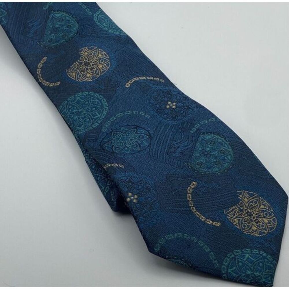 Oscar de la Renta Studio‎ Neck Tie Blue Mediallion Circles Gold Teal Green